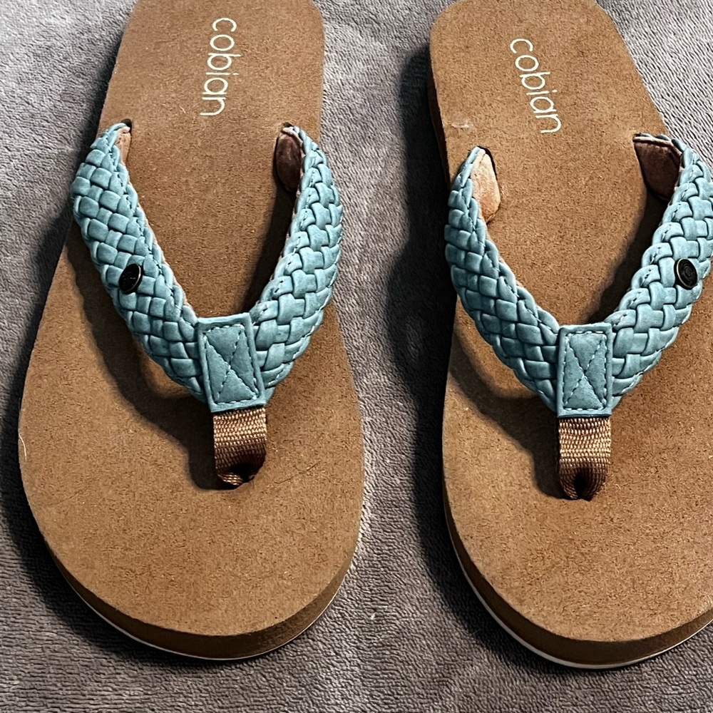 Cobian Woven Strap Sandals in Aqua and Brown